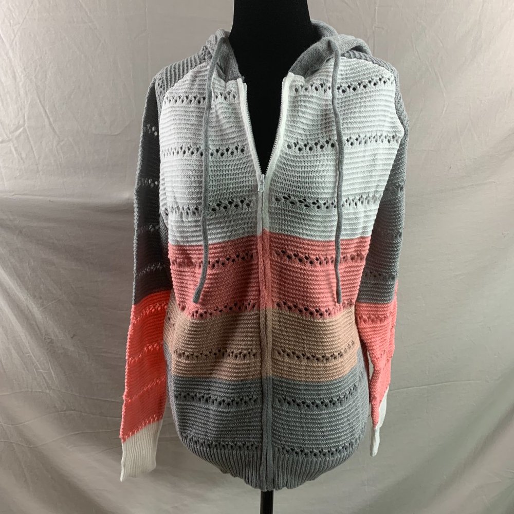 Pointelle Knit Drawstring Zip Hooded Cardigan - Picture 8 of 8